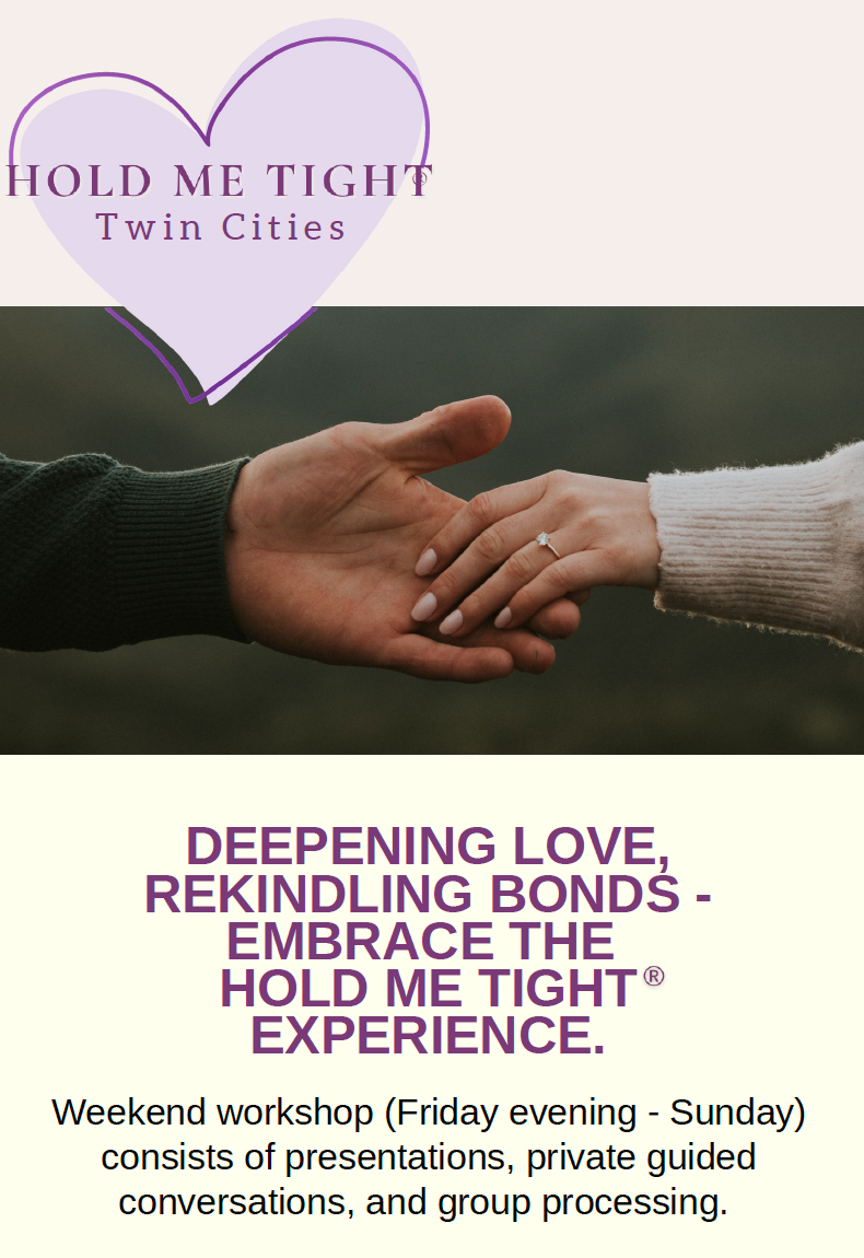 Flyer for the "Hold Me Tight" Workshop for Couples | April 10-12, 2026 | Roseville, MN